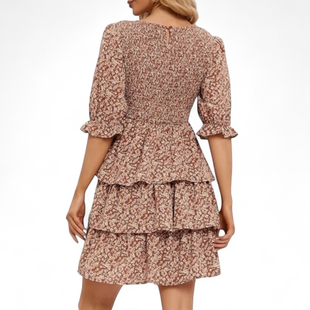 Floral Print Mini Dress Puff 1/2 Sleeves Flowy 3 Layer Ruffles Sz Large - Picture 2 of 5